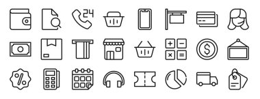 Cüzdan, arama, saat, alışveriş sepeti, akıllı telefon, rapor için banka kartı vektör simgeleri, sunum, diyagram, web tasarımı, mobil uygulama gibi 24 ana hatlı web ekommerce ui simgesi kümesi