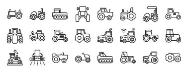 Rapor için traktör, traktör, vektör simgeleri, sunum, diyagram, web tasarımı, mobil uygulama gibi 24 ana hatlı web traktör simgesi kümesi
