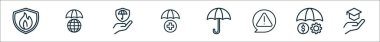 Sigorta çizgisi simgelerinin taslağı. Yangın önleme, koruma, dağıtım sigortası, sağlık sigortası, şemsiye, uyarı, risk yönetimi gibi doğrusal vektör simgeleri,