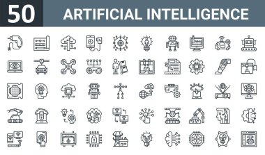 Matkap, prototip, bulut hesaplama, mobil şarj, mikroişlemci, yaratıcı zihin, rapor için ince robot vektör simgeleri, sunum gibi 50 ana hatlı yapay zeka simgesi,