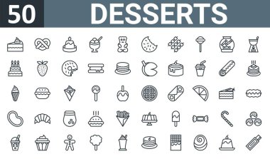 Pasta, kraker, krema, şerbet, ayıcık şekeri, kurabiye, şekerleme, rapor, sunum, diyagram, web tasarımı, mobil uygulama gibi 50 ana hatlı tatlı ikonu seti.