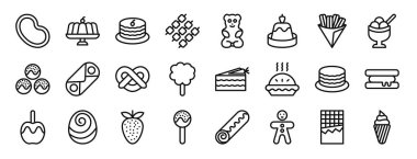 Rapor, sunum, diyagram, web tasarımı, mobil uygulama gibi 24 ana hatlı tatlı ikonu, jelibon, puding, marshmallow, jelibon ayı, muhallebi, churros vektör simgeleri