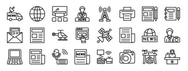 set of 24 outline web news and media icons such as van, globe, press room, news anchor, tower, printer, editor vector icons for report, presentation, diagram, web design, mobile app clipart