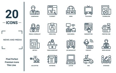 news and media linear icon set. includes thin line cameraman, female journalist, article, helicopter, interview, mass media, news anchor icons for report, presentation, diagram, web design clipart