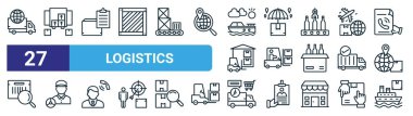 Teslimat, paket, liste, kuru tutmak, forklift, sürücü, ekspres dağıtım, web tasarımı için kargo gemisi vektör çizgisi ince simgeleri, mobil uygulama gibi 27 ana hatlı lojistik simgesi seti.