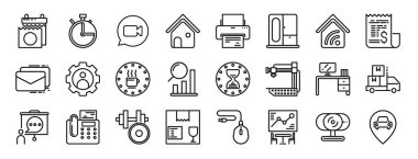 Rapor için takvim, zamanlayıcı, video çağrısı, ev, yazıcı, clo, akıllı ev vektör simgeleri, sunum, diyagram, mobil uygulama gibi 24 ana hatlı web çalışma simgesi seti