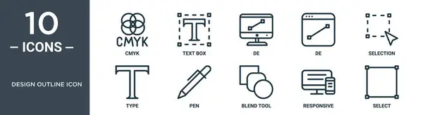tasarım ana hatları simgesi seti ince çizgi cmyk, metin kutusu, de, de, seleksiyon, rapor için kalem simgeleri, sunum, diyagram, web tasarımı