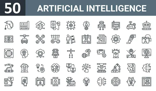 Matkap, prototip, bulut hesaplama, mobil şarj, mikroişlemci, yaratıcı zihin, rapor için ince robot vektör simgeleri, sunum gibi 50 ana hatlı yapay zeka simgesi,