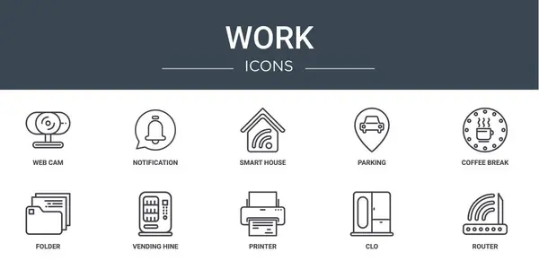 stock vector set of 10 outline web work icons such as web cam, notification, smart house, parking, coffee break, folder, vending hine vector icons for report, presentation, diagram, web design, mobile app