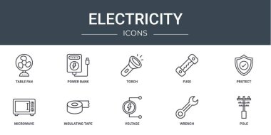 Rapor, sunum, diyagram, web tasarımı, mobil uygulama gibi 10 ana hatlı web elektrik ikonu seti (table fan, power bank, meşale, fitil, koruma, mikrodalga, izole edilmiş bant vektör simgeleri)
