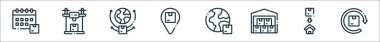 Teslimat çizgisi simgelerinin ana hatları. dağıtım tarihi, drone, nakliye, konum kodu, teslimat, depo, geri ödeme gibi doğrusal vektör simgeleri