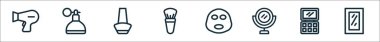Kozmetik çizgi simgelerinin ana hatları. Saç kurutma, parfüm, tırnak cilası, fırça, maske, ayna, göz farı, ayna gibi doğrusal vektör simgeleri