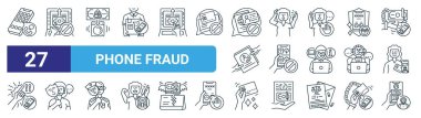 set of 27 outline web phone fraud icons such as applications, transfer money, money laundering, panic, install, deceive, credit card, from vector thin line icons for web design, mobile app. clipart