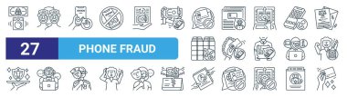 set of 27 outline web phone fraud icons such as money laundering, deepfake, reciever, scam, debt, robot, contact, credit card vector thin line icons for web design, mobile app. clipart