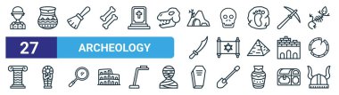 Meslek, kavanoz, fırça, iskelet, hazine haritası, lahit, tabut, internet tasarımı için Viking miğferi çizgisi, mobil uygulama gibi 27 ana hatlı web arkeoloji simgesi seti.