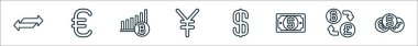 Döviz çizgisi simgelerinin ana hatları. Aktarım, avro, bitcoin şeması, yen para birimi, dolar, dolar, para değişimi, para değişimi gibi doğrusal vektör simgeleri