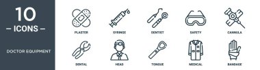 doktor ekipman ana hatları simgesi seti ince çizgi alçı, şırınga, dişçi, güvenlik, kanül, diş, rapor için baş simgeleri, sunum, diyagram, web tasarımı içerir