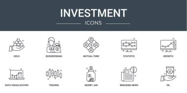 Altın, işadamı, yatırım fonu, istatistik, büyüme, veri görselleştirme, rapora karşılık ticaret vektör simgeleri, sunum, diyagram, web tasarımı, mobil uygulama gibi 10 ana hatlı web yatırım simgesi