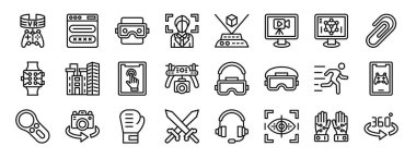 Vr oyunu, giriş, stereoskopik, yüz taraması, holografik, akış, d rapor, sunum, diyagram, web tasarımı, mobil uygulama gibi 24 ana hatlı sanal gerçeklik simgesi seti