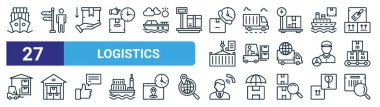Kargo gemisi, kırılgan kutu, kargo kamyonu, forklift, depo, müşteri desteği, internet tasarımı için barkod vektör ince çizgi simgeleri, mobil uygulama gibi 27 ana hatlı lojistik ikonu seti.