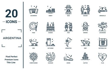 Arjantin doğrusal simge seti. İnce çizgi akordeon, yiyecek, köpek, Hıristiyanlık, bayrak, çift, rapor için ulusal gün simgeleri, sunum, diyagram, web tasarımı