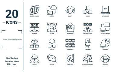 Bulut hesaplama ağı doğrusal simgesi seti. İnce satır paylaşılan dizin, ağ, ağ, aoritma, yazdırma, göç, rapor, sunum, diyagram, web tasarımı için internet simgeleri içerir