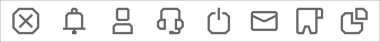 Özet olarak, bu çizgi ikonlarının ana hatları. silme, çan, kullanıcı, kulaklık, güç, posta, pankart, pasta grafiği gibi doğrusal vektör simgeleri
