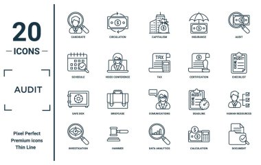 audit linear icon set. includes thin line candidate, schedule, safe box, investigation, document, tax, human resources icons for report, presentation, diagram, web design clipart