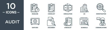audit outline icon set includes thin line deadline, checklist, circulation, as, investigation, safe box, document icons for report, presentation, diagram, web design clipart