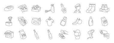 Ekmek, kupon, şeker, tuvalet malzemeleri, ketçap, güvenlik görevlisi, rapor için çorap vektör simgeleri, sunum, diyagram, web tasarımı, mobil uygulama gibi 24 ana hatlı süpermarket simgesi seti
