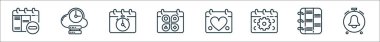 Takvim ve tarih çizgisi simgelerinin ana hatları. olay, sunucu, zaman, toplantı, sevgililer günü, ting, günlük, alarm gibi doğrusal vektör simgeleri