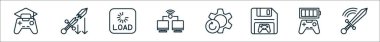Oyun çizgisi simgelerinin ana hatları. Oyun yastığı, kılıç, yükleme, bağlantı, dönüş motoru, kaydetme, pil, kılıç gibi doğrusal vektör simgeleri