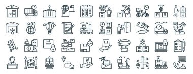 Rapor için ekspres dağıtım, depo yönetimi, el arabası, müşteri desteği, ekspres dağıtım, taşıyıcı, hedef simgeler, sunum, diyagram, web gibi 40 ana hatlı web lojistik simgesi seti