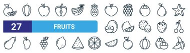 Portakal, yıldız meyvesi, üzüm, limon, mango, karpuz, muz vektörü, web tasarımı için ince çizgi ikonu, mobil uygulama gibi 27 ana hatlı web meyve ikonu.