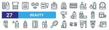 Tırnak, havlu, ölçek, makyaj paleti, makyaj çıkarıcı, güneş kremi, losyon, internet tasarımı için krem vektör çizgisi simgeleri, mobil uygulama gibi 27 ana hatlı güzellik simgesi.
