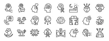 Psikiyatrist, bilişsel davranış, zihinsel bozukluk, zihinsel bozukluk, farkındalık, uyku bozukluğu, rapor için obsesif kompülsif bozukluk vektör simgesi gibi 24 ana hatlı zihinsel sağlık ikonu,