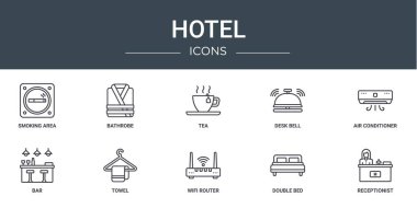 Rapor için sigara içme alanı, bornoz, çay, masa zili, klima, bar, havlu vektör simgeleri, sunum, diyagram, web tasarımı, mobil uygulama gibi 10 ana hatlı otel simgesi seti