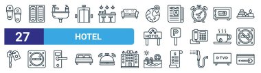 Terlik, menü, lavabo, gazete, park yeri, sigara içme alanı, yüzme havuzu, internet tasarımı için kart anahtarı ince çizgi simgesi, mobil uygulama gibi 27 ana hatlı otel simgesi seti.