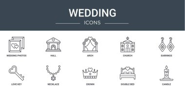 Düğün fotoğrafları, salon, kemer, kilise, küpe, aşk anahtarı, rapor için kolye vektör simgeleri, sunum, diyagram, web tasarımı, mobil uygulama gibi 10 ana hatlı düğün simgesi seti