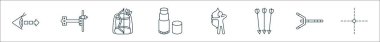 Okçuluk çizgisi simgelerinin ana hatları. vizyon, hedef, çanta, araçlar, okçuluk, ok, yay, çizgi gibi doğrusal vektör simgeleri
