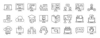 Rapor için video akışı, çevrimiçi eğitim, çevrimiçi öğrenme, öğretmen, dijital kitap, dönüştürme, sohbet vektör simgeleri, sunum, diyagram, web gibi 24 ana hatlı web öğrenme simgesi seti