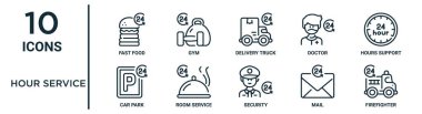 Rapor için ince çizgi fast food, dağıtım kamyonu, saat desteği, oda servisi, posta, itfaiyeci, otopark simgeleri, sunum, diyagram, web tasarımı gibi saat servis simgesi seti