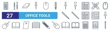 Hesap makinesi, çivi, kitap, çivi, çivi, kitap, kitap, web tasarımı için vektör ince çizgi simgeleri, mobil uygulama gibi 27 ana hatlı ofis aracı simgesi seti.