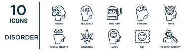 İnce çizgi otizm, slot hine, adhd, kenevir, LSD, plastik cerrahi, rapor için sosyal kaygı simgeleri, sunum, diyagram, web tasarımı gibi düzensizlik simgeleri