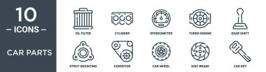 otomobil parçaları ana hatları simgesi seti ince çizgi yağ filtresi, silindir, hız göstergesi, turbo motor, vites kayması, destek bağlantısı, rapor, sunum, diyagram, web tasarımı simgeleri içerir