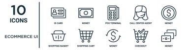 ecommerce ui outline simge seti ince çizgi kimlik kartı, pos terminal, para, alışveriş arabası, kasa, para, rapor için alışveriş sepeti simgeleri, sunum, diyagram, web tasarımı gibi