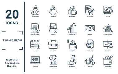 finans raporu doğrusal simge seti. Rapor için ince çizgi para çantası, hesaplama, takvim, dizüstü bilgisayar, harcama, artış, projeksiyon simgeleri, sunum, diyagram, web tasarımı