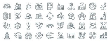 set of 40 outline web asset management icons such as retirement plan, digital currency, ass, bank, engagement, refinancing, buildings icons for report, presentation, diagram, web design, mobile app