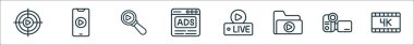 Video blog satırı simgelerinin ana hatları. hedef, video, video araması, reklam, canlı yayın, kamera, k film gibi doğrusal vektör simgeleri