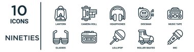 nineties outline icon set such as thin line lantern, headphones, music tape, , roller skates, mic, glasses icons for report, presentation, diagram, web design clipart